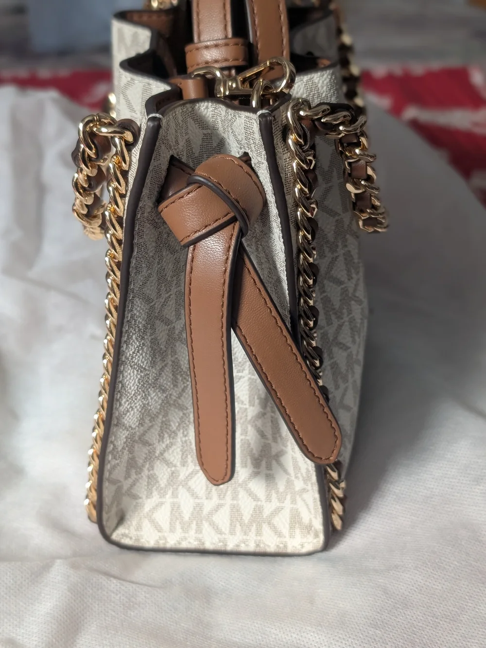 Michael Kors Cream Logo Chain-Trim Shoulder Bag with Tan Accents